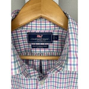 Vineyard Vines Mens L Shirt Blue Pink Gingham Plaid Slim Fit Whale Cotton Preppy